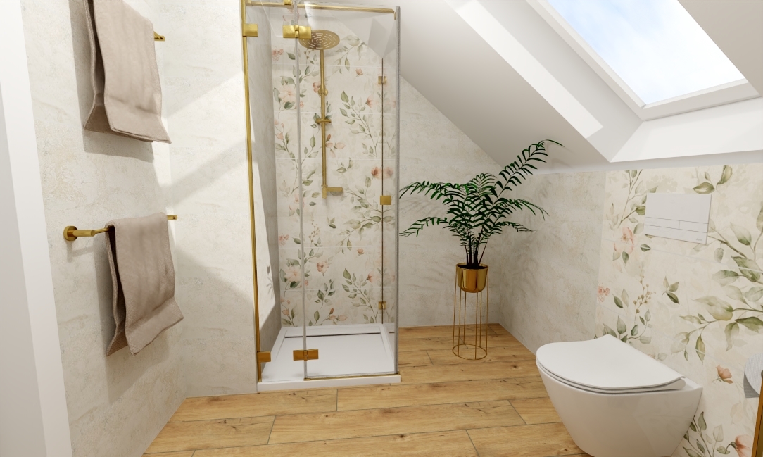 Łzaienka na poddaszu, delikatne kwiatki złoto drewno (1)