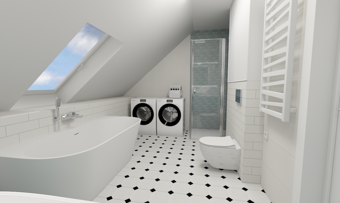 Łazienka na poddaszu biały turkus chrom czarny (2)