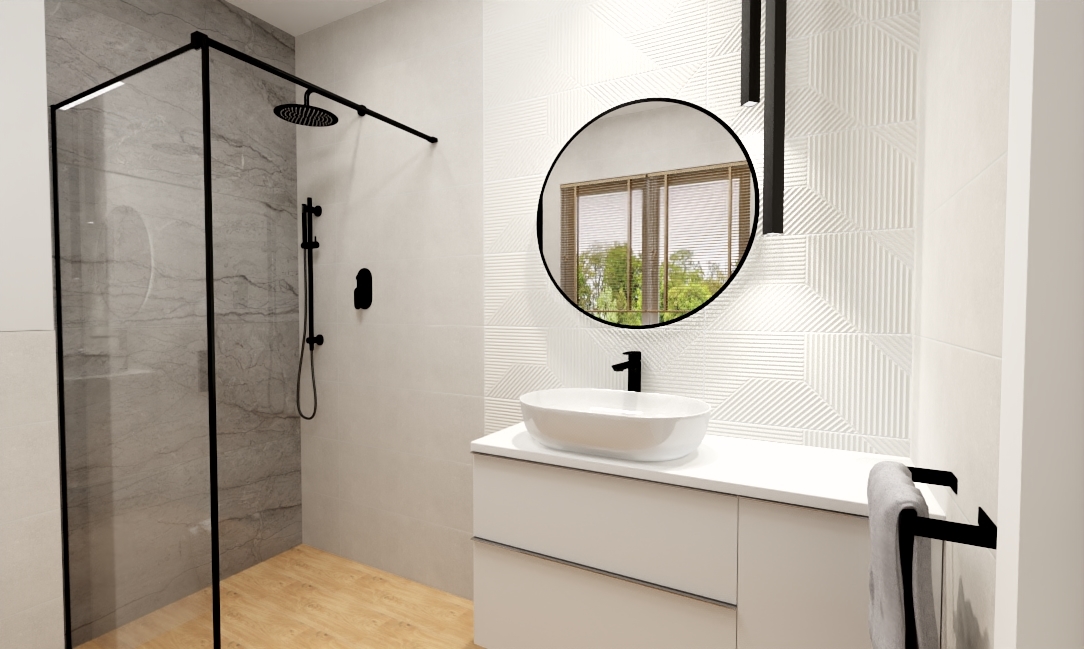 Łazienka biel drewno szarość skały czerne dodatki (1)